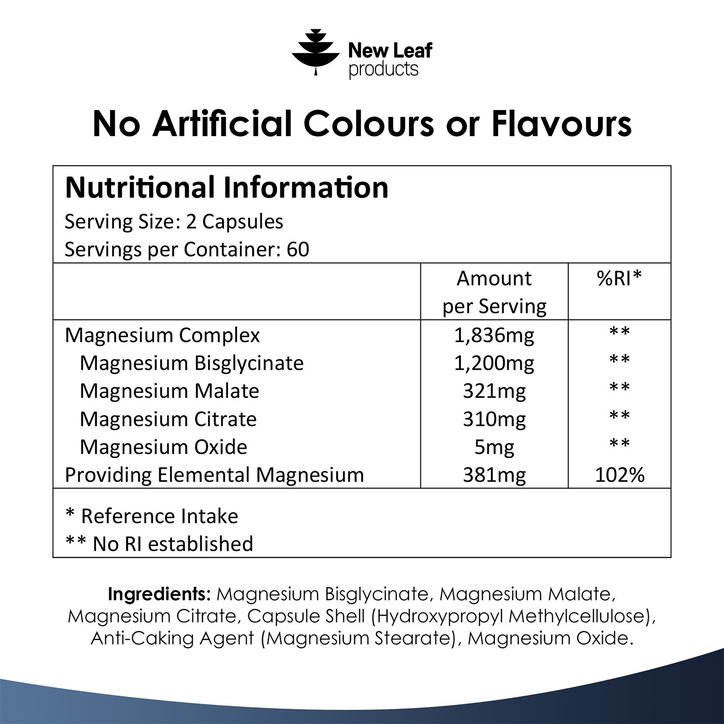 New Leaf Products Magnesium Complex 4 in1 Glycinate Citrate, Malate, Oxide 120 Capsules image 3