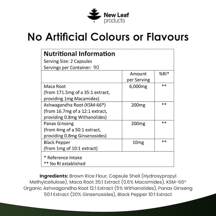 New Leaf Products Maca Root Capsules With Ksm Ashwagandha, Panax Ginseng & Black Pepper 180 Capsules image 3