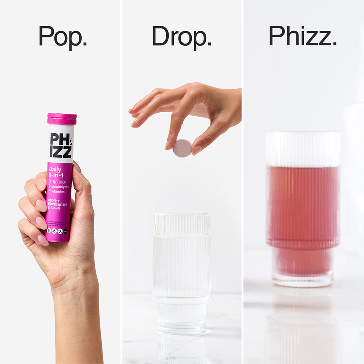 Phizz Daily Energy 3-In-1 Formula, Hydration, Electrolytes & Vitamins Effervescent Tablets Apple & Blackcurrant 20 Tablets image 6