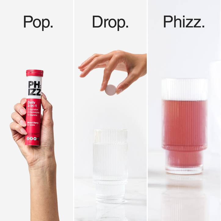Phizz Daily Energy 3-In-1 Formula, Hydration, Electrolytes & Vitamins Effervescent Tablets Mixed Berry 20 Tablets image 6