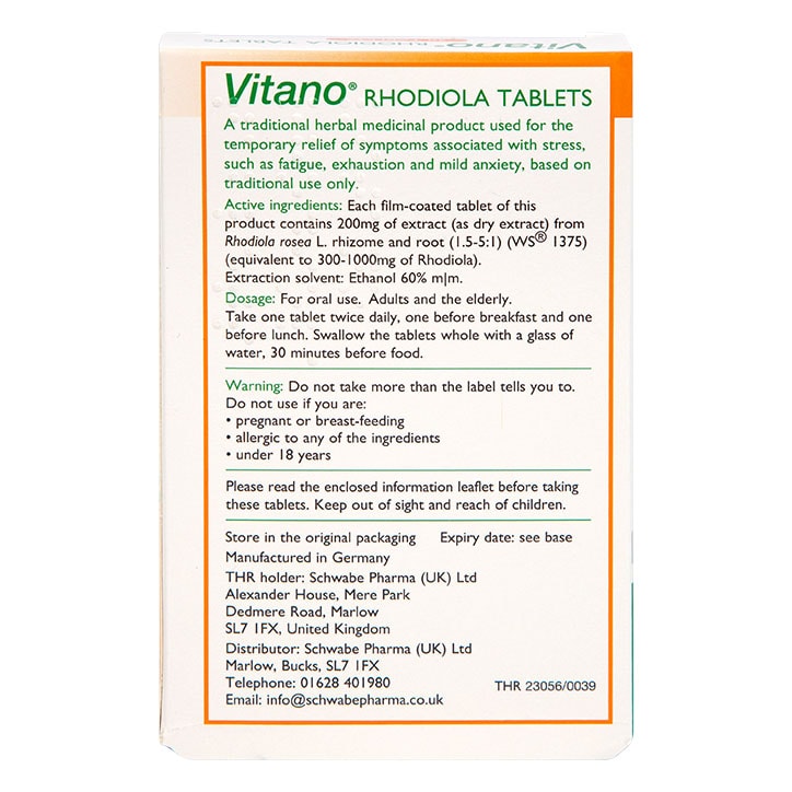 Schwabe Pharma Vitano Rhodiola Rosea Root 200mg 30 Tablets image 2