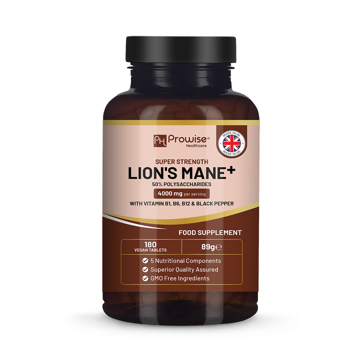 Prowise Healthcare Lions Mane Mushroom Supplement 4000mg with Vitamin B1, B6, B12 & Black Pepper - 180 Super Strength Vegan Tablets