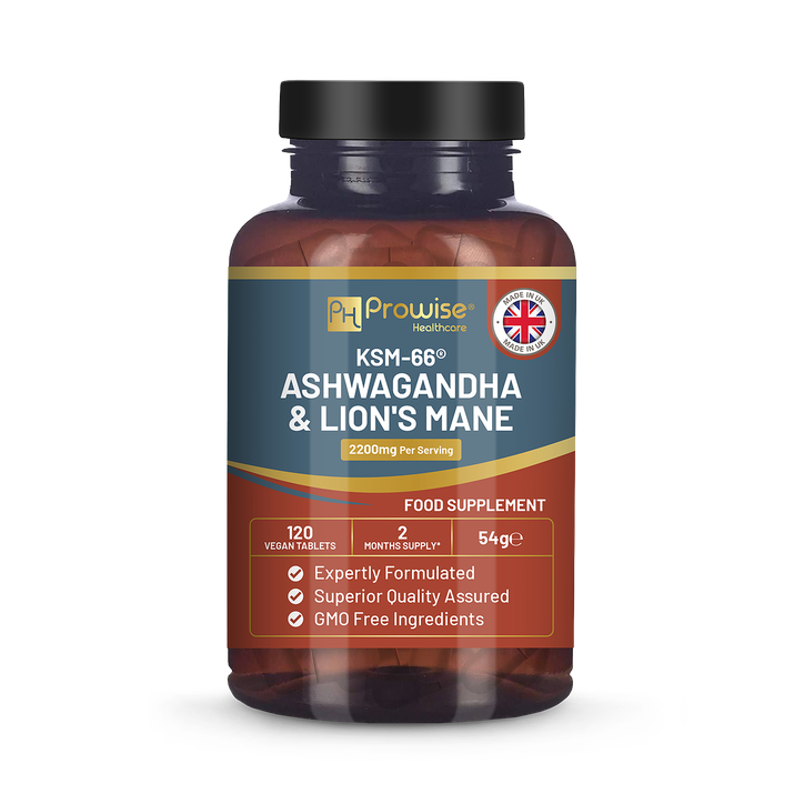 Prowise Healthcare KSM-66 Ashwagandha and Lions Mane Tablets - High Strength 2200mg 120 Vegan Tablets
