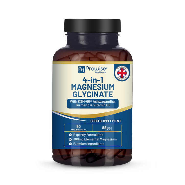 Prowise Healthcare 4-in-1 Magnesium Glycinate added with KSM-66 Ashwagandha, Turmeric and Vitamin B6  90 Vegan Capsules