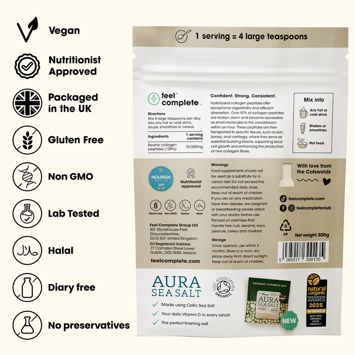 Feel Complete Protein Collagen Powder - Unflavoured Bovine Peptides 10,000mgs - 1 Month Supply 300g image 2