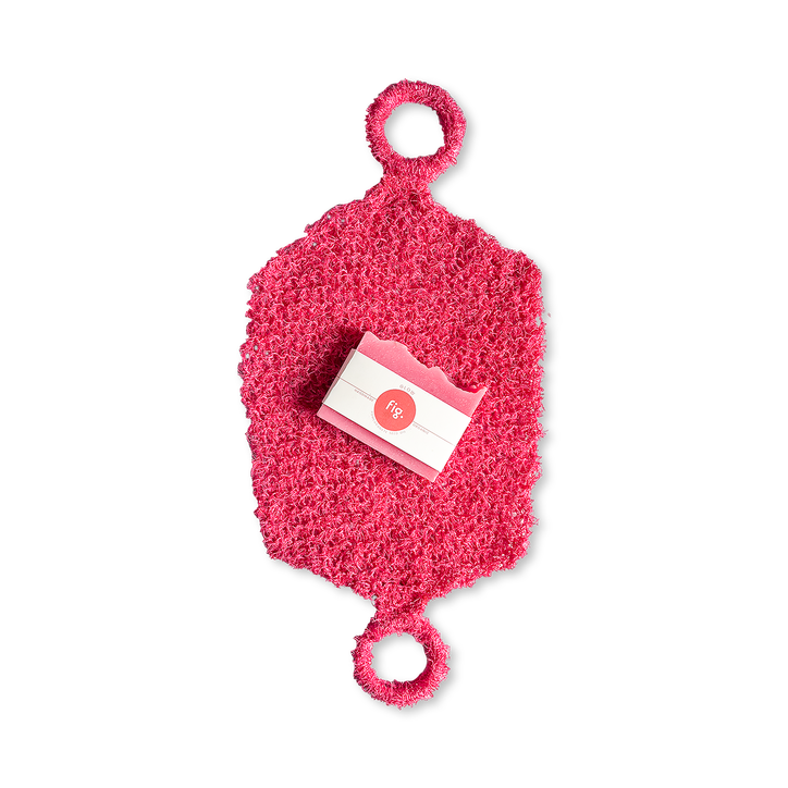 Shower Ritual Set – Handwoven Exfoliating Mitt (Loofah) & Glow Soap Bar - Dark Pink
