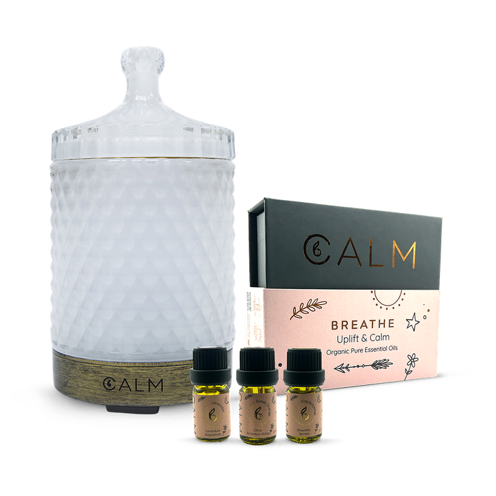 B Calm Aroma Diffuser with Stress Relief Essential Oil Set – Orange, Lavender & Frankincense 5ml x3 – Breathe Calm