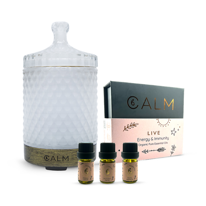 B Calm Aroma Diffuser with Energy & Immunity Essential Oil Set – Eucalyptus, Lemon & Peppermint 5ml x3 – Live Calm