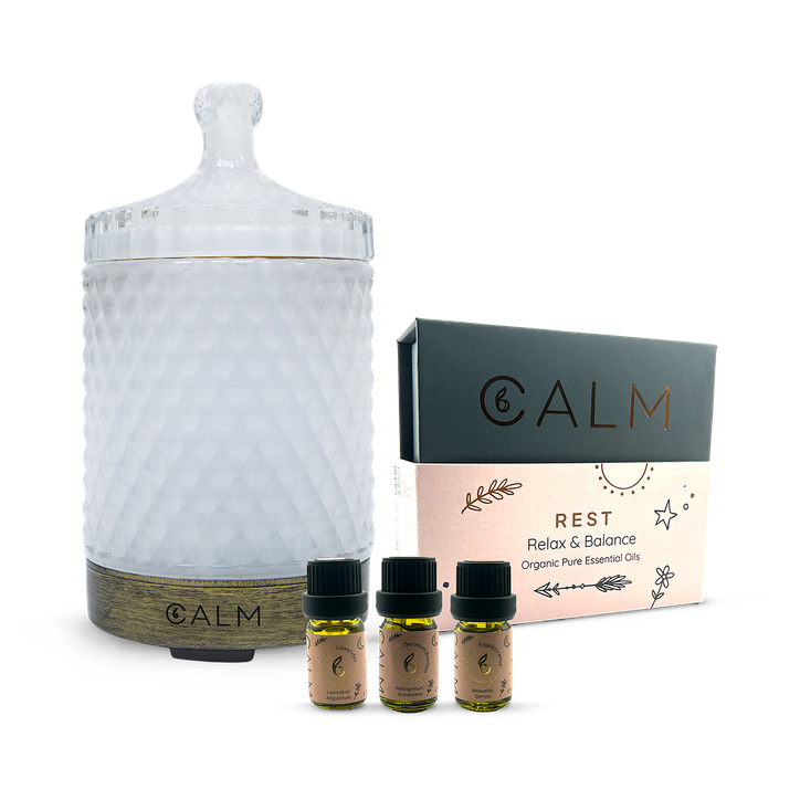 B Calm Aroma Diffuser with Sleep & Balance Essential Oil Set – Geranium, Lavender & Frankincense 5ml x3 – Rest Calm