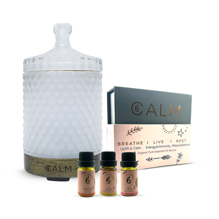 B Calm Aroma Diffuser with Essential Oil Blend Set‚ Stress, Energy & Sleep Support (3 x 10ml)‚ Breathe, Live & Rest Calm