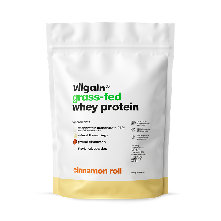 Vilgain Grass-Fed Whey Protein Powder Cinnamon Roll 1000g | 22.5g Protein per Serving | British Sourced | Naturally Sweetened with Stevia