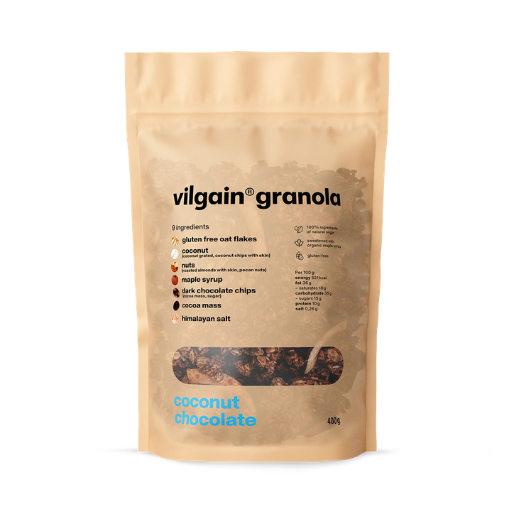 Vilgain Granola (400 g) Coconut with Chocolate – Crunchy Clusters, Gluten-Free Baked Muesli with Dark Chocolate Chips, Almonds and Pecans, Natural Plant-Based Breakfast Cereal and Healthy Snack