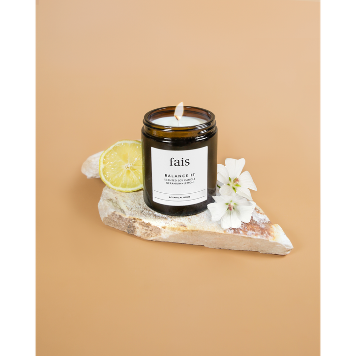 Fais Balance It Scented Soy Candle with Geranium & Lemon – Natural Home Fragrance – 154g