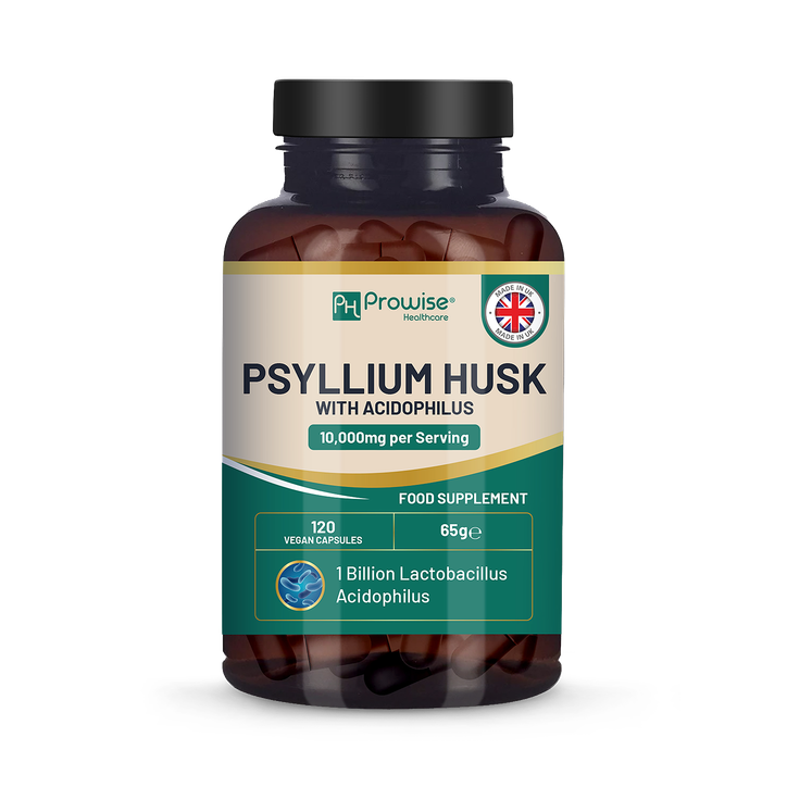 Psyllium Husk 10000mg with Acidophilus 1 Billion CFU, 120 Vegan Capsules | Natural Soluble Fibre Supplement from Plantago Ovata Seeds Made in The UK by Prowise Healthcare