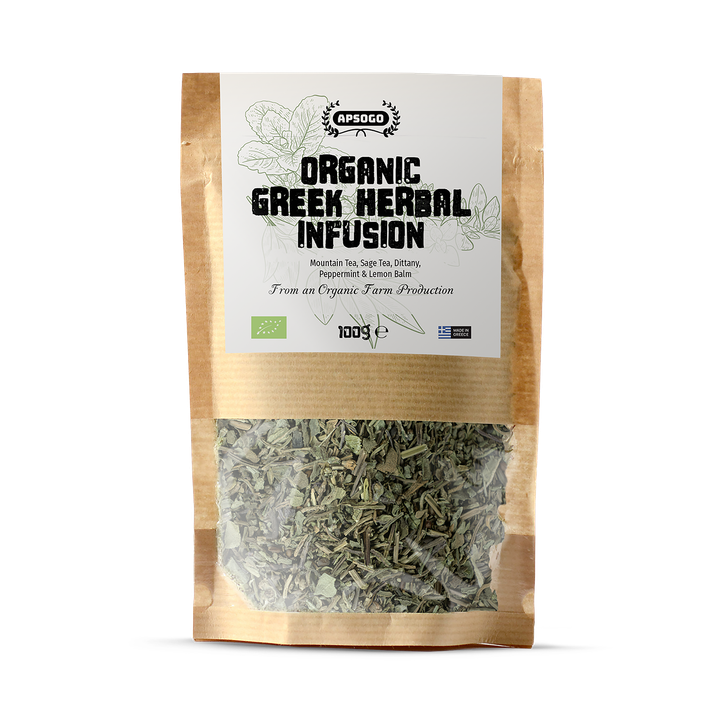 APSOGO Organic Herbal Infusion Tea Loose Leaf Tea mix with Sage, Mountain Tea, Dittany, Peppermint & Lemon Balm - 100g
