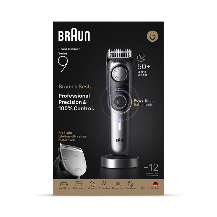 Braun Beard Trimmer Series 9, +12 Barbering Tools, 52 Lengths, ProBlade, BT9560, Chrome