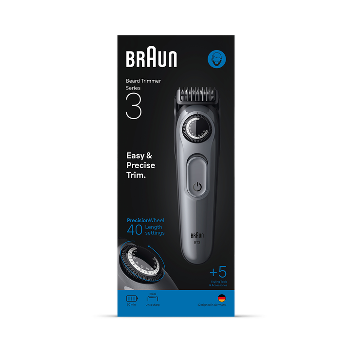 Braun Beard Trimmer Series 3, +5 Styling Tools, 40 Lengths, Sharp Blade, BT3560, Grey