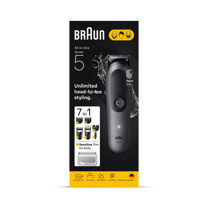 Braun All-in-One Kit Series 5, 7in1 Grooming, Sharp Blade, Body Trim, AIO5520, Grey