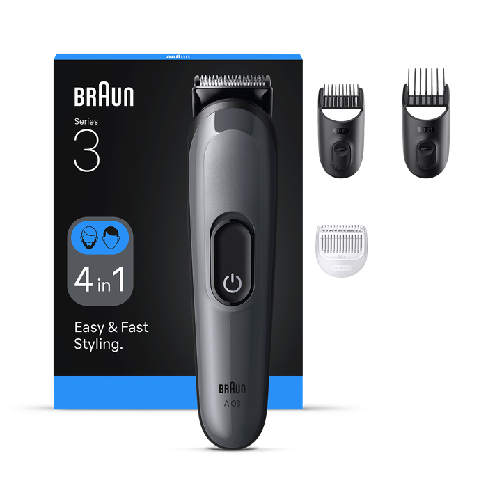 Braun All-in-One Series 3, 4in1 Grooming Kit, Sharp Blade, 14 Lengths, AIO3500, Grey