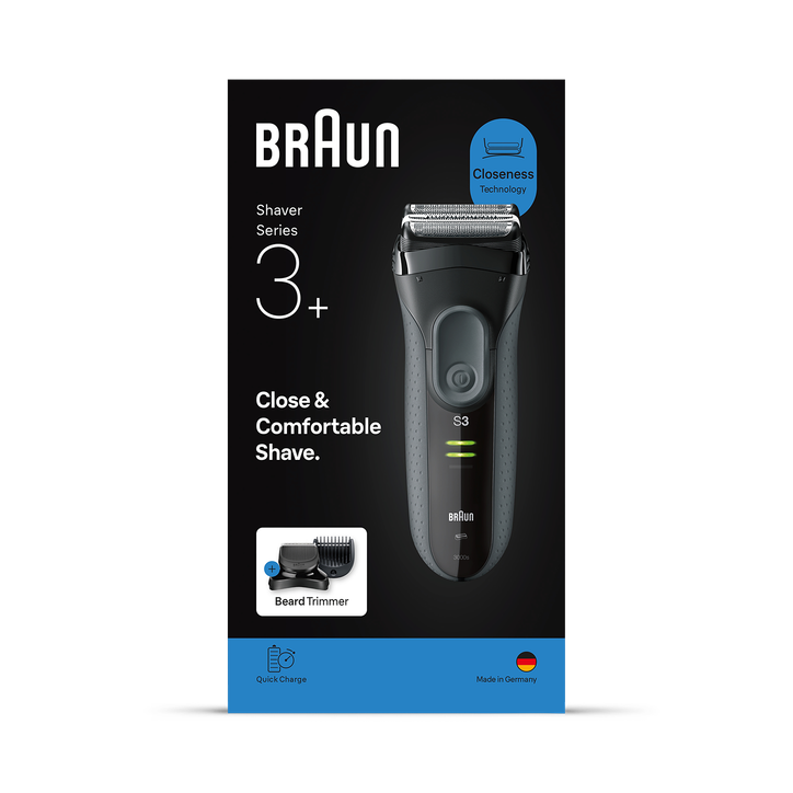 Braun Series 3+ Electric Shaver, Beard Trimmer Attachment, Dry, 3000BT, Grey