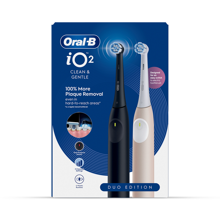 Oral-B iO 2 Electric Toothbrush, 2-Pack, Black & Pink, 2 Brush Heads, Travel Case