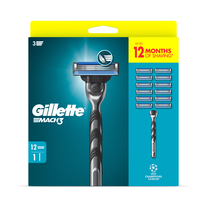 Gillette UEFA Champions League Special Edition Mach3 Razor for Men, 1 Gillette Razor, 12 Refills