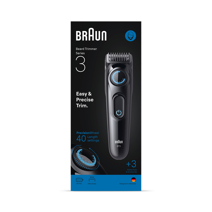 Braun Beard Trimmer Series 3, +3 Styling Tools, 40 Lengths, Sharp Blade, BT3520, Black