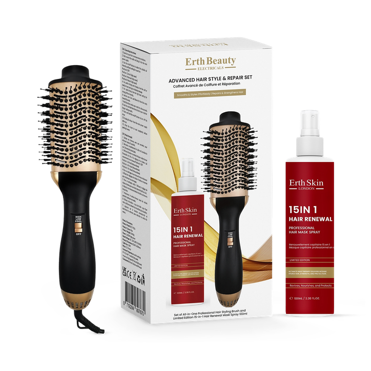 Erth Skin London ADVANCED HAIR STYLE & REPAIR SET (ALL-IN-ONE PROFESSIONAL HAIR BRUSH + 15-IN-1 HAIR SPRAY – 100ML)