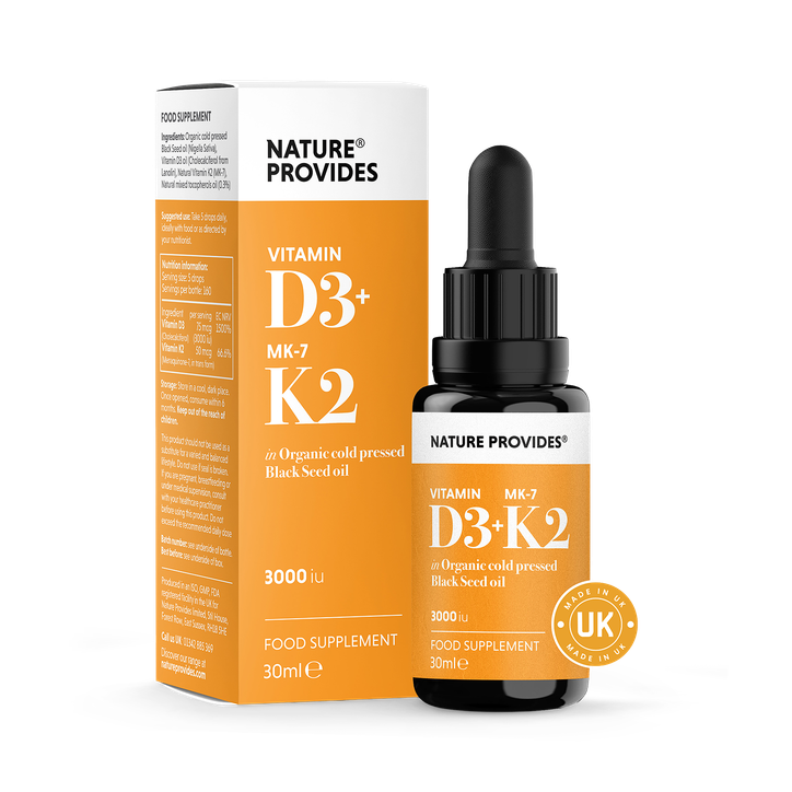Nature Provides D3+K2 (3000IU) Liquid Vitamin D3 & K2 (MK7) in Organic BlackSeed Oil 30ml