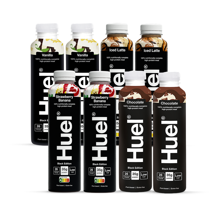 Huel Black Edition Nutritionally Complete Food Variety Pack (Chocolate, Vanilla, Iced Latte & Strawberry Banana) 8X 500Ml