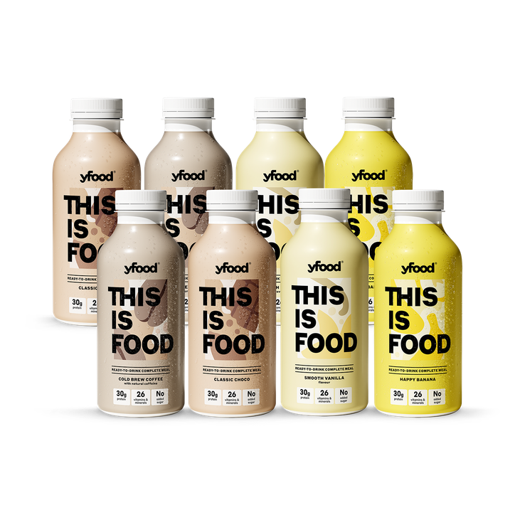 Yfood Nutritionally Complete Meal Variety Pack (Choco, Vanilla, Banana & Coffee) 8X 500Ml