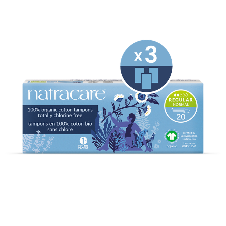 Natracare Organic Cotton Non-applicator Tampons 20 Count | Regular Absorbency | Toxin-Free, Plastic-Free| Pack of 3