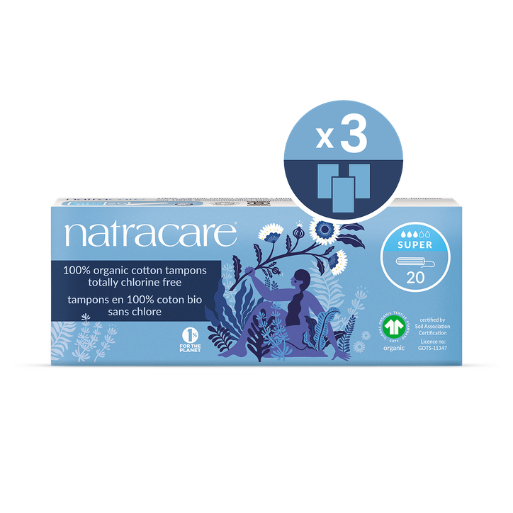 Natracare Organic Cotton Non-applicator Tampons 20 Count | Super Absorbency| Toxin-Free, Plastic-Free| Pack of 3