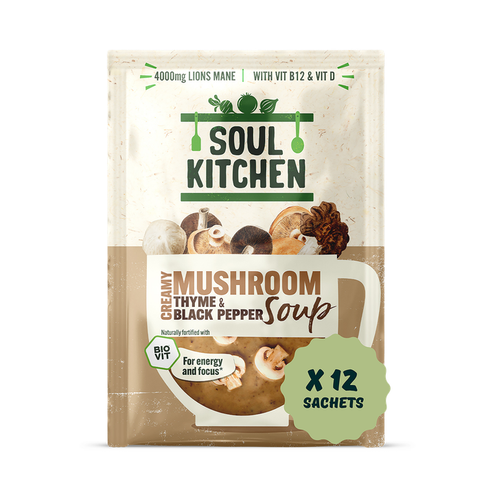 Soul Kitchen Mushroom, Black Pepper & Thyme Soup with 4000mg Lions Mane Mushroom, Vitamind B & D12 - 12 soups
