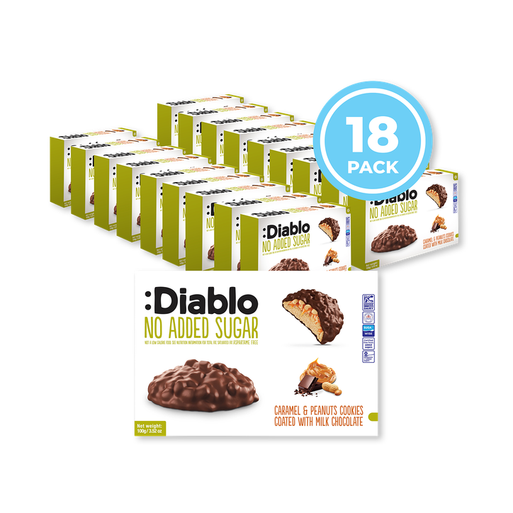 Diablo No Added Sugar Milk Chocolate Coated Cookies Caramel and Peanut 100g Pack of 18