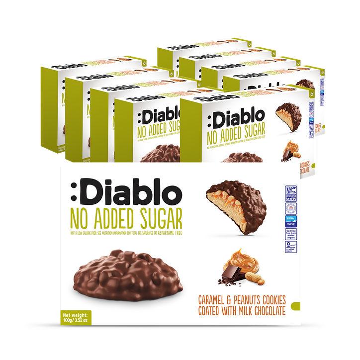 Diablo No Added Sugar Milk Chocolate Coated Cookies Caramel and Peanut 100g Pack of 9