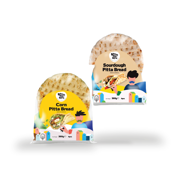7 ate 9 Sourdough pitta 360gr X 4pieces &  1 pack of Corn pitta 360gr X 4pieces