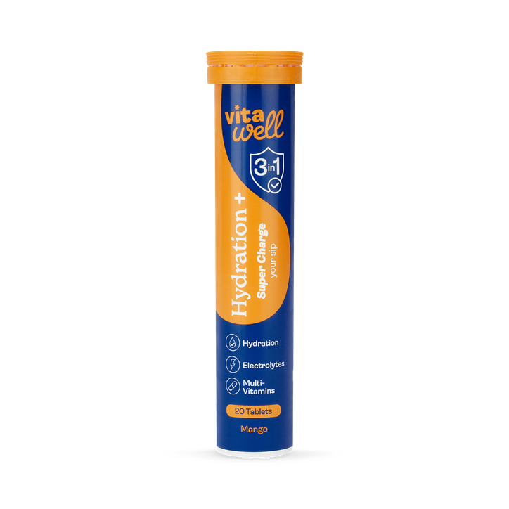 Vitawell Hydration Plus 3-In-1 Formula Electrolyte & Multivitamin Effervescent Mango 20 Tablets
