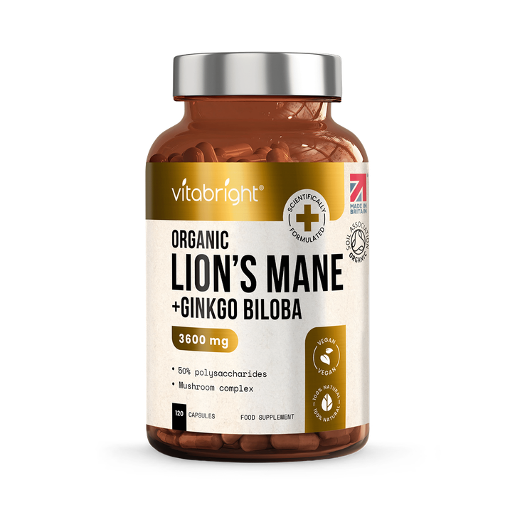 VitaBright Organic Lions Mane Mushroom Complex with Gingko Biloba - 3600mg per Serving - 120 Capsules