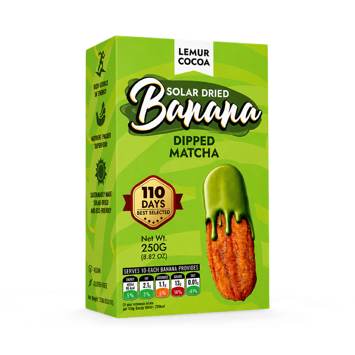 Lemur Cocoa Dried Banana Coated in Matcha Green Tea – Healthy Energy Snack (10 Sachets x 25g)