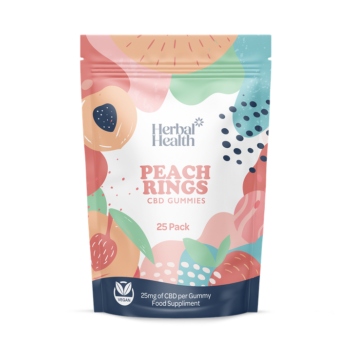 Herbal Health CBD Gummies Peach Rings, 625mg, High Strength, 25mg per Gummy, 25 Gummy Pack, Delicious Peach Flavoured Broad Spectrum CBD for Natural, THC Free