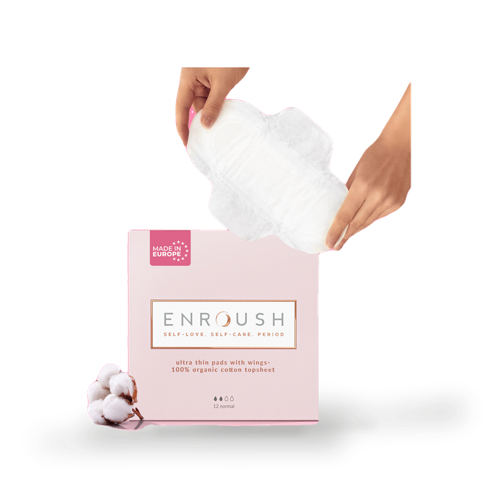 ENROUSH 100% Organic Cotton Topsheet Pads with Wings- 12 Pads- Normal Absorbency