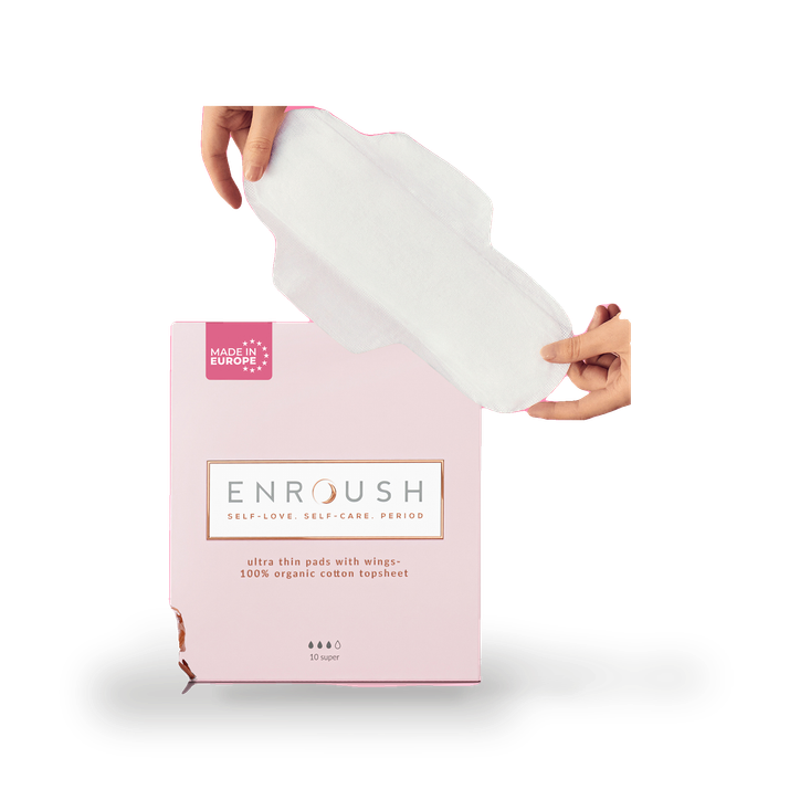 ENROUSH 100% Organic Cotton Topsheet Pads with Wings – 10 Pads – Super Absorbency