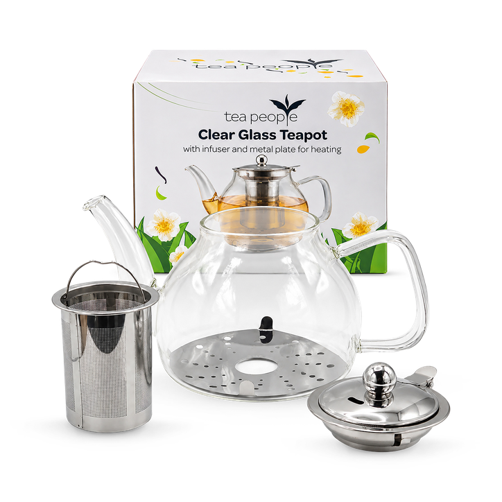 Clear Glass Teapot 1.2L with stainless steel infuser and metal plate for heating