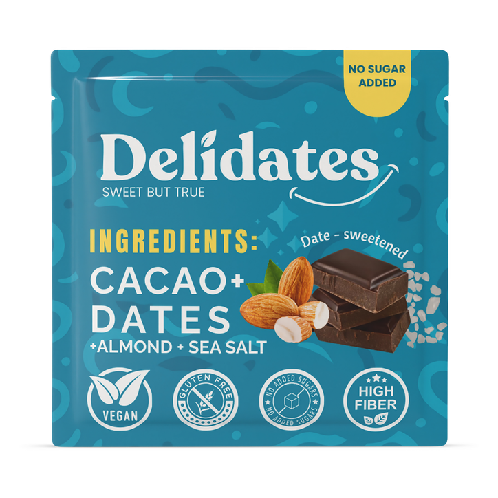 Delidates Date Sweetened Dark Chocolate with Roasted Almonds & Sea Salt 40g