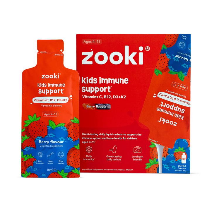 Zooki Kids Immune Support Liquid Sachets - Vitamin C & Vitamin D3 + K2 Berry 30 Sachets