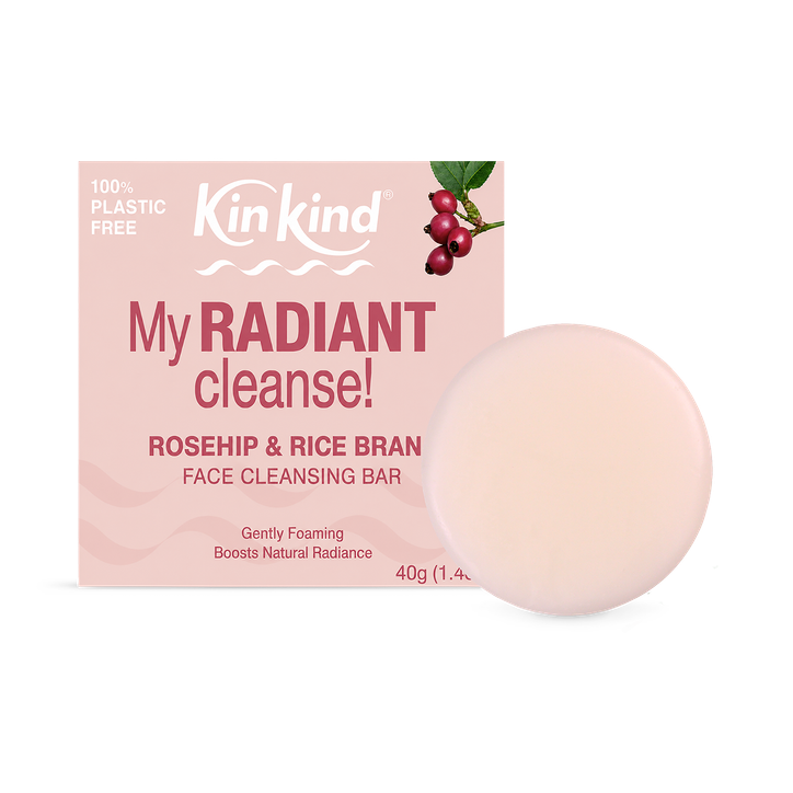 KinKind My Radiant CLEANSE! Facial Cleansing Bar with Rosehip Seed Oil and Rice Bran Oil. Gently Foaming, Soap-Free, Non-Drying.
