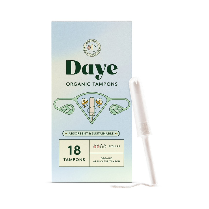 Daye Organic Tampons Regular | 18ct | Pesticide & Metal Tested, 100% Organic Cotton, Best Absorbency | No-Shed Sleeve, Sugarcane Applicator