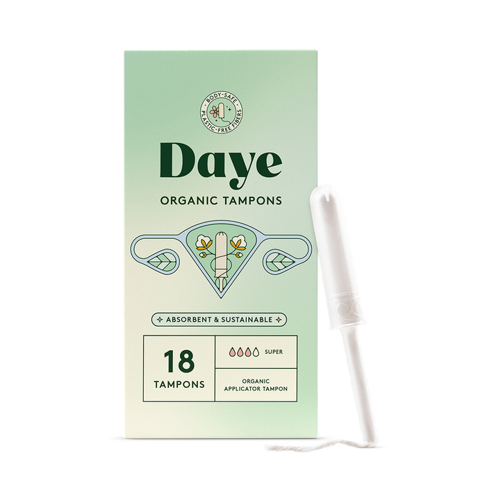 Daye Organic Tampons Super | 18ct | Pesticide & Metal Tested, 100% Organic Cotton for Heavy Flow | No-Shed Sleeve, Sugarcane Applicator