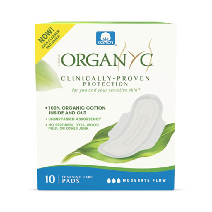 Organyc - 100% Certified Organic Cotton Inside and Out Feminine Pads, Sanitary Napkin 40 Count, Moderate Flow, Regular Absorbency, New Larger Size Packaging